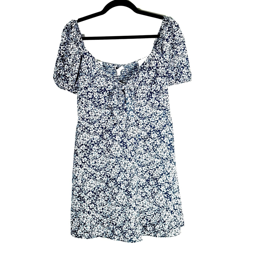 Gianni Bini New Ivy Tie Front Mini Dress Navy Floral Puff‎ Sleeve Size 8 y2k 90s